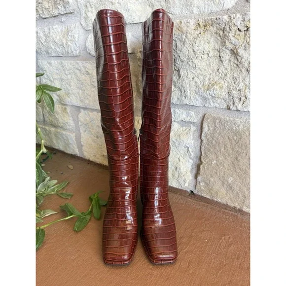 Sam Edelman RARE Raekel Croc-embossed Spiced Red Leather Block Heel Tall Boot 8M - Picture 2 of 11